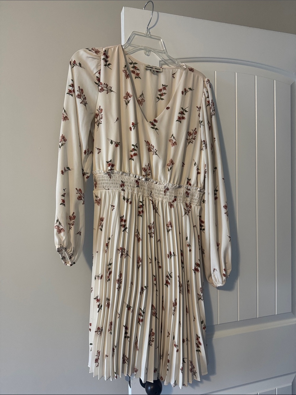 Floral Cream Pleated Long-Sleeve Dress with Smocked Waist